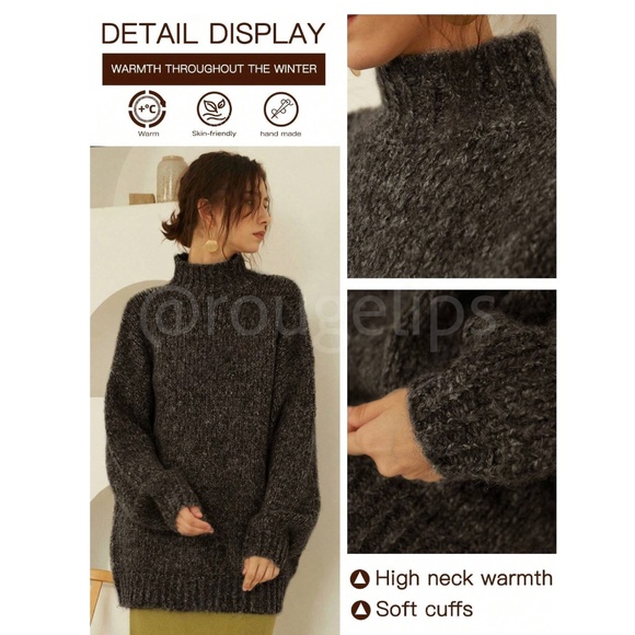 Black Knit Oversized Pullover Turtleneck Sweater - Picture 7 of 9
